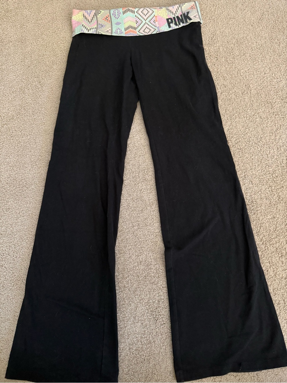 PINK Victoria's Secret Black Flare Pants with Multicolor Fold-Over Waistband